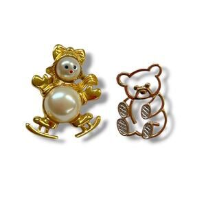 2 Goldtone Lapel Pins Snow Girl Faux Pearl 1.25" Teddy Bear 1"